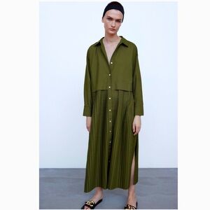 NWT Zara Green Pleated Midi Dress Sz S